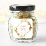 Oranje Waterverf van Citrus Gold Geometric Wedding Vierkante Sticker<br><div class="desc">Deze moderne botanische trouwstickers zijn voorzien van waterverf clementine-sinaasappels die een gouden faux glitter geometrisch lijst bijbrengen. Personaliseer hen met de namen van de bruid en van de groom in elegant oranje handschrift manuscript over een bleke oranje ampersand,  en voeg hieronder de datum in oranje sans serif doopvont toe.</div>