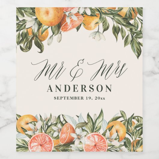 Oranje waterverf van citrusbloesem, botanische bru wijn etiket (Enkel label)