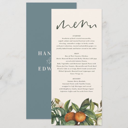 Oranje waterverf van citrusvruchten botanische bru menu (Voorkant / Achterkant)