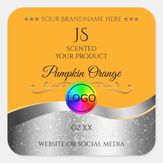 Oranje Wavy Silver Logo en Monogram Product Label (Voorkant)