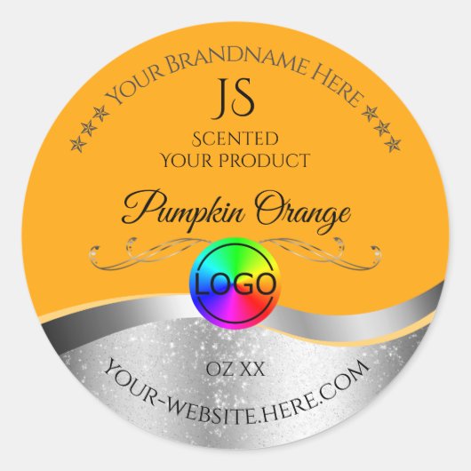 Oranje Wavy Silver Logo en Monogram Product Label (Voorkant)