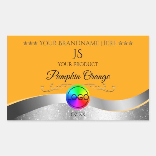 Oranje Wavy Silver Logo en Monogram Product Label (Voorkant)
