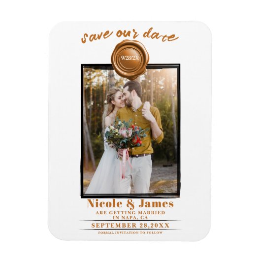 Oranje Wax Seal Foto Bruiloft Save the Date Magneet (Verticaal)