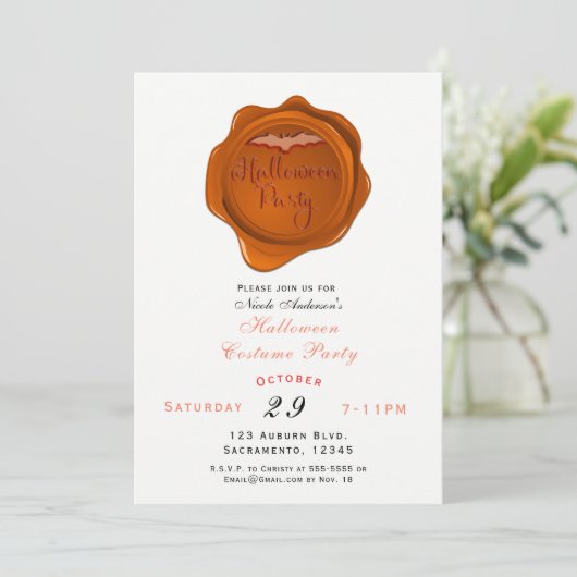Oranje Wax Seal Halloween Kostuumfeest Kaart (Staand voorkant)