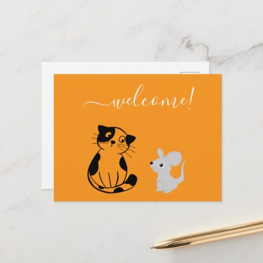 Oranje welkom Briefkaart met kat en muis (Voorkant / Achterkant in situ)