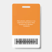 Oranje Werknemer - Foto, BarCode, Groot Logo, Naam Badge (Achterkant)