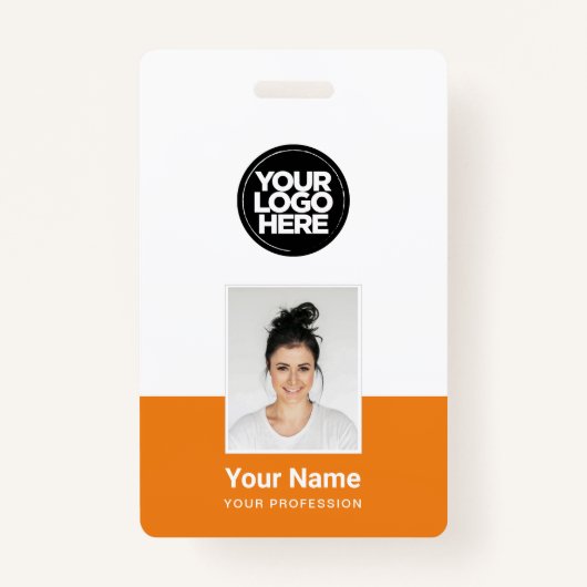 Oranje werknemer - Foto, BarCode, Grote Logo, Naam Badge (Voorkant)