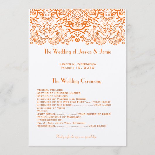 Oranje Whimisical Tortelduifjes huwelijksprogramma Programmakaart (Voorkant)