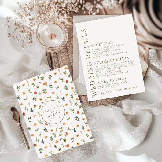 Oranje Whimsical Flower Wedding Details Kaarten