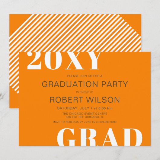 Oranje White Bold Typography Graduation Party Kaart (Voorkant / Achterkant)