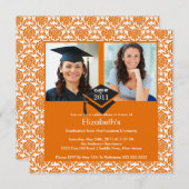 Oranje & White Damask Photo Afstuderen Invitation Kaart (Voorkant / Achterkant)