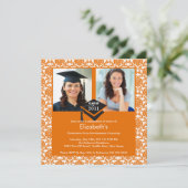 Oranje & White Damask Photo Afstuderen Invitation Kaart (Staand voorkant)