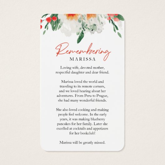 Oranje White Floral Photo Funeral Prayer Cards Visitekaartje (Achterkant)