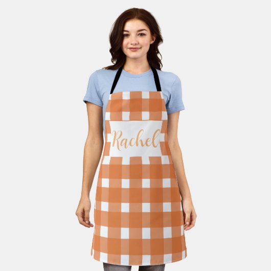 Oranje White Gingham Personalized Schort (Gedragen)