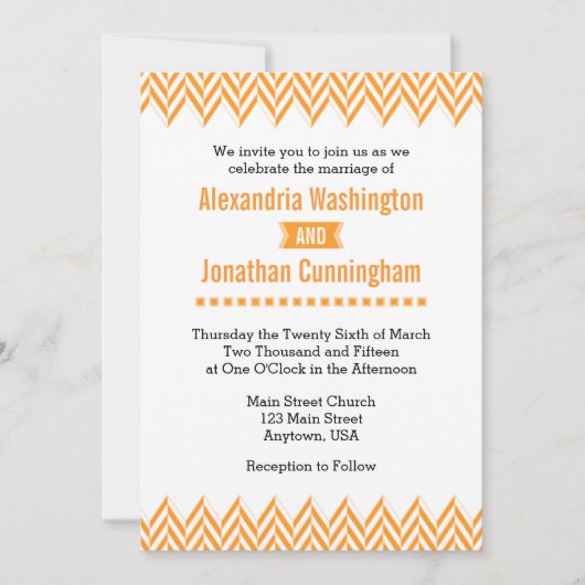 Oranje White Herringbone Wedding Invitation Kaart (Voorkant)