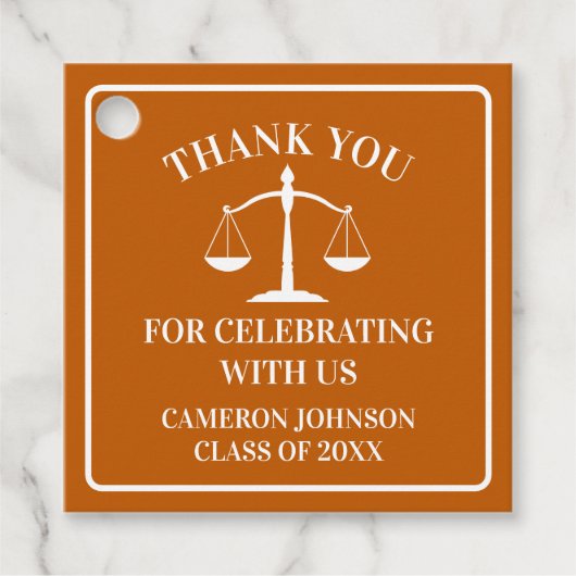 Oranje White Law School Custom Graduation Party Bedankjes Labels (Voorkant)