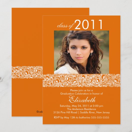 Oranje & White Photo Afstuderen Invitation Kaart (Voorkant / Achterkant)