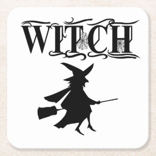 Oranje Wicked Flying Witch Halloween Kartonnen Onderzetters
