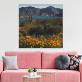 Oranje Wilde Bloem Saguaro Cactus Lake Uitzicht Ar Canvas Afdruk (Insitu (Woonkamer))