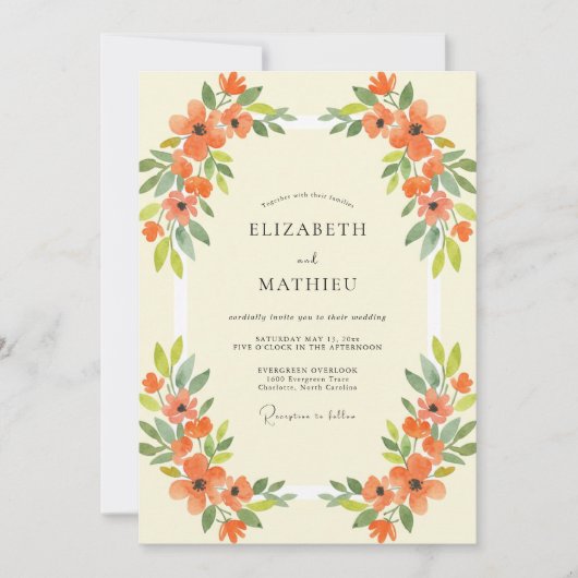Oranje Wilde Bloemen Bruiloft Kaart (Voorkant)