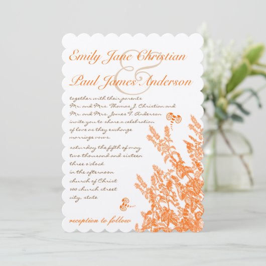 Oranje wilde bloemen en bijenbruiloft kaart (Staand voorkant)