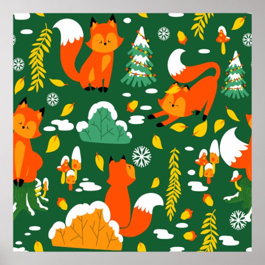 Oranje wilde herfst winter bos vos poster (Voorkant)