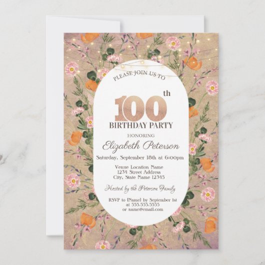 Oranje Wildflower String Lichten 100ste Verjaardag Kaart (Voorkant)