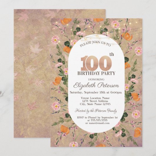 Oranje Wildflower String Lichten 100ste Verjaardag Kaart (Voorkant / Achterkant)