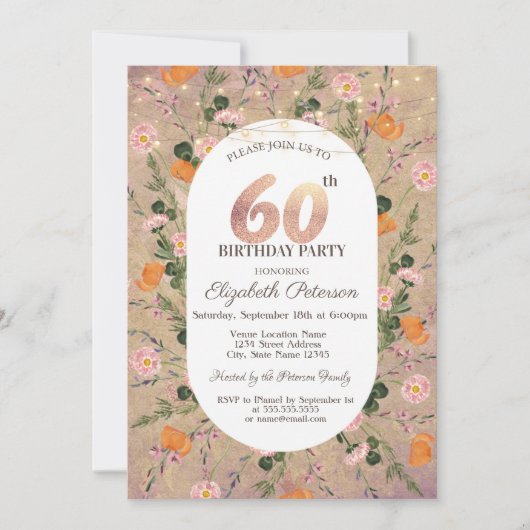 Oranje Wildflower String Lichten 60e Verjaardag Kaart (Voorkant)