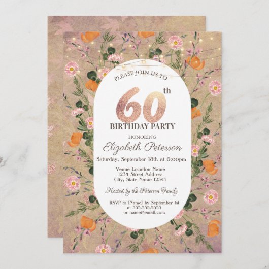 Oranje Wildflower String Lichten 60e Verjaardag Kaart (Voorkant / Achterkant)