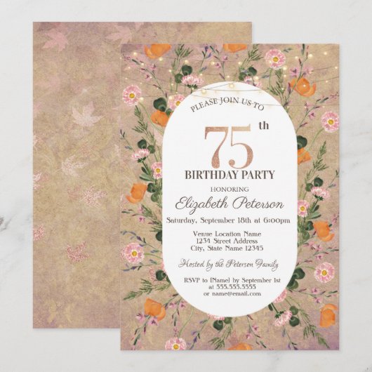 Oranje Wildflower String Lichten 75e Verjaardag Kaart (Voorkant / Achterkant)