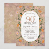 Oranje Wildflower String Lichten 90ste Verjaardag Kaart (Voorkant / Achterkant)