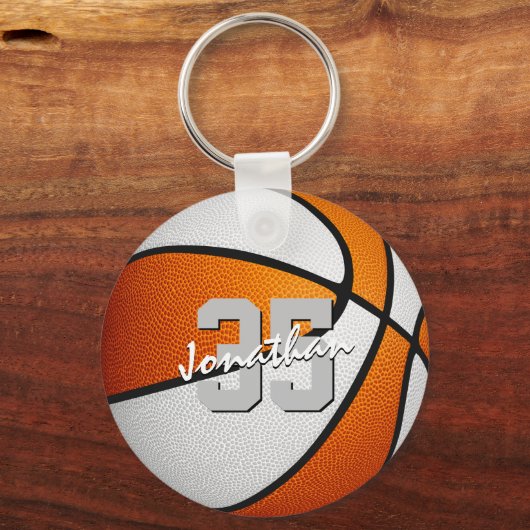 oranje wit aangepaste jersey nummer basketbal sleutelhanger (Voorkant)