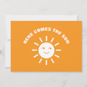 Oranje wit Baby shower hier komt de zoon zon Bedankkaart (Achterkant)