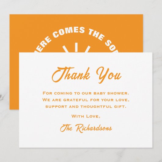 Oranje wit Baby shower hier komt de zoon zon Bedankkaart (Voorkant / Achterkant)