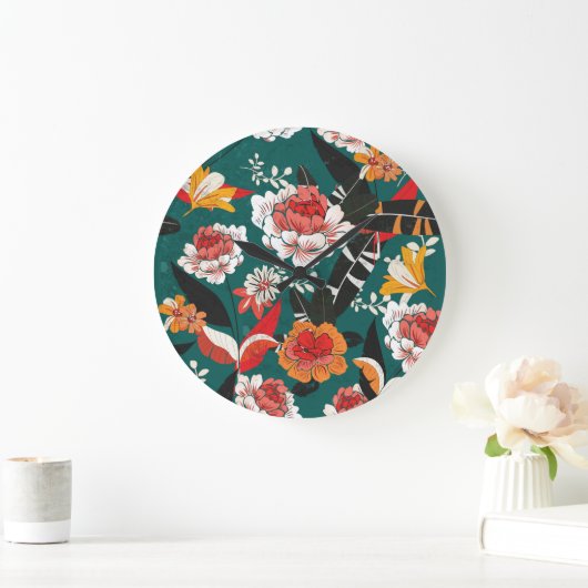 Oranje-wit bloemig: naadloze illustratie grote klok (Huis)