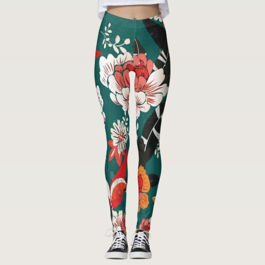 Oranje-wit bloemig:  naadloze illustratie leggings (Voorkant)