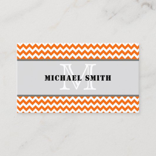 Oranje wit Chevron Zigzag Monogram Visitekaartje (Voorkant)