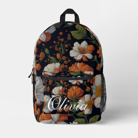  Oranje wit elegant bloemenmonogram Bedrukte Rugzak (Voorkant)
