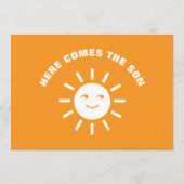 Oranje wit hier komt het Son Sun Baby shower Advieskaart (Achterkant)