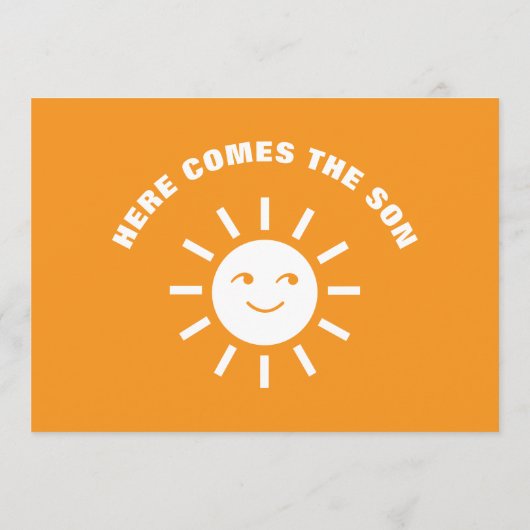 Oranje wit hier komt het Son Sun Baby shower Advieskaart (Achterkant)