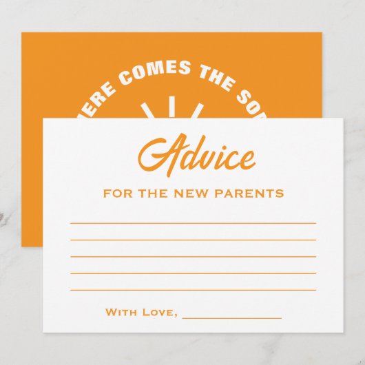 Oranje wit hier komt het Son Sun Baby shower Advieskaart (Voorkant / Achterkant)
