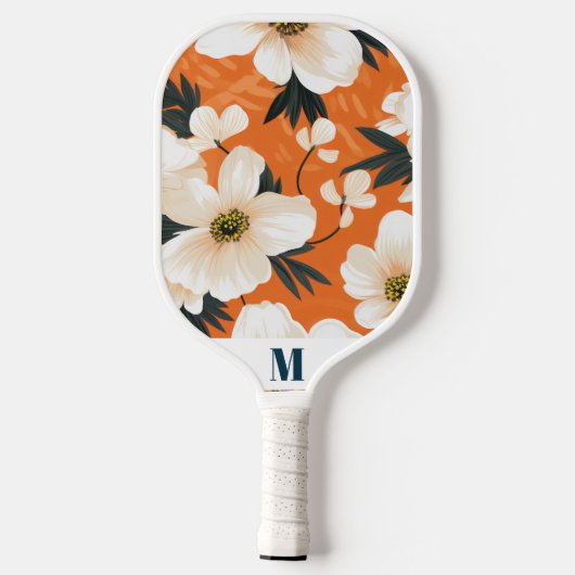 Oranje wit marineblauw bloemmodern monogram pickleball paddle (Achterkant)