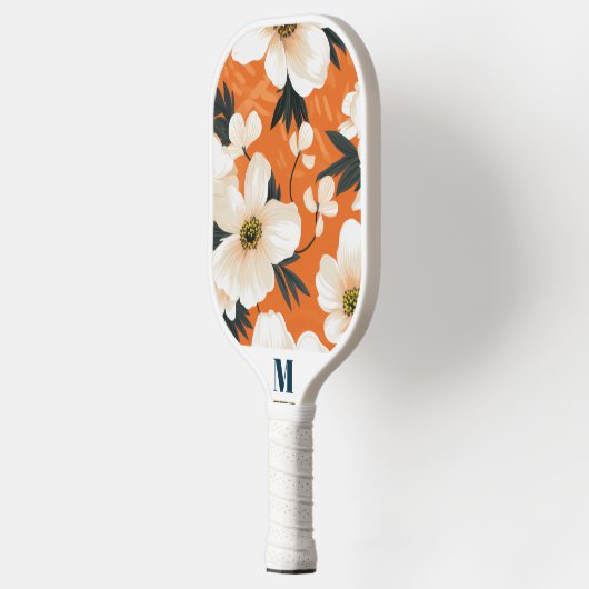 Oranje wit marineblauw bloemmodern monogram pickleball paddle (Links)