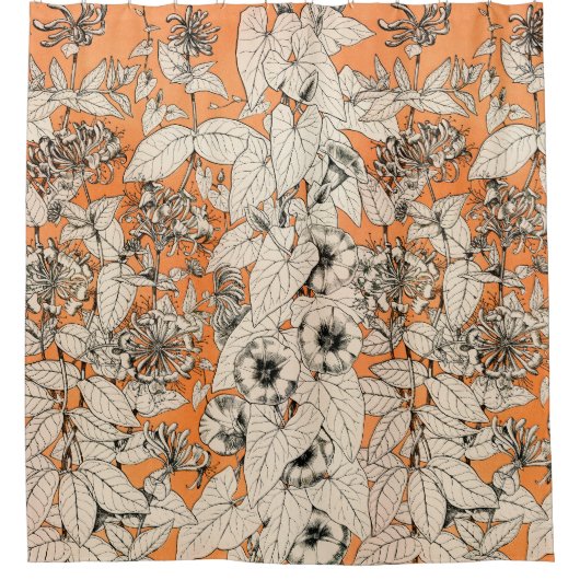 Oranje wit patroon van grafische bloemen douchegordijn (Voorkant)