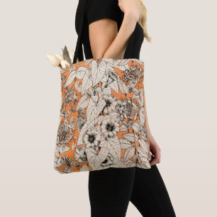 Oranje wit patroon van grafische bloemen tote bag