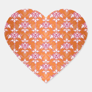 Oranje Wit Roze Damast Patroon Hart Sticker