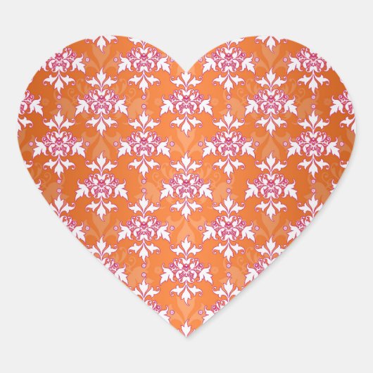 Oranje Wit Roze Damast Patroon Hart Sticker (Voorkant)