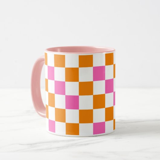Oranje Wit Roze Geruit Patroonontwerp  Mok (Voorkant links)