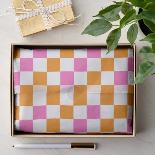 Oranje Wit Roze Geruite Patroon Ontwerp Tissuepapier (Geschenk)